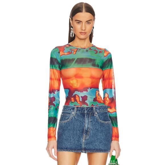 Miaou Mesh Long Sleeve Top Heat Map Print Recycled Sheer Size S - Picture 1 of 9